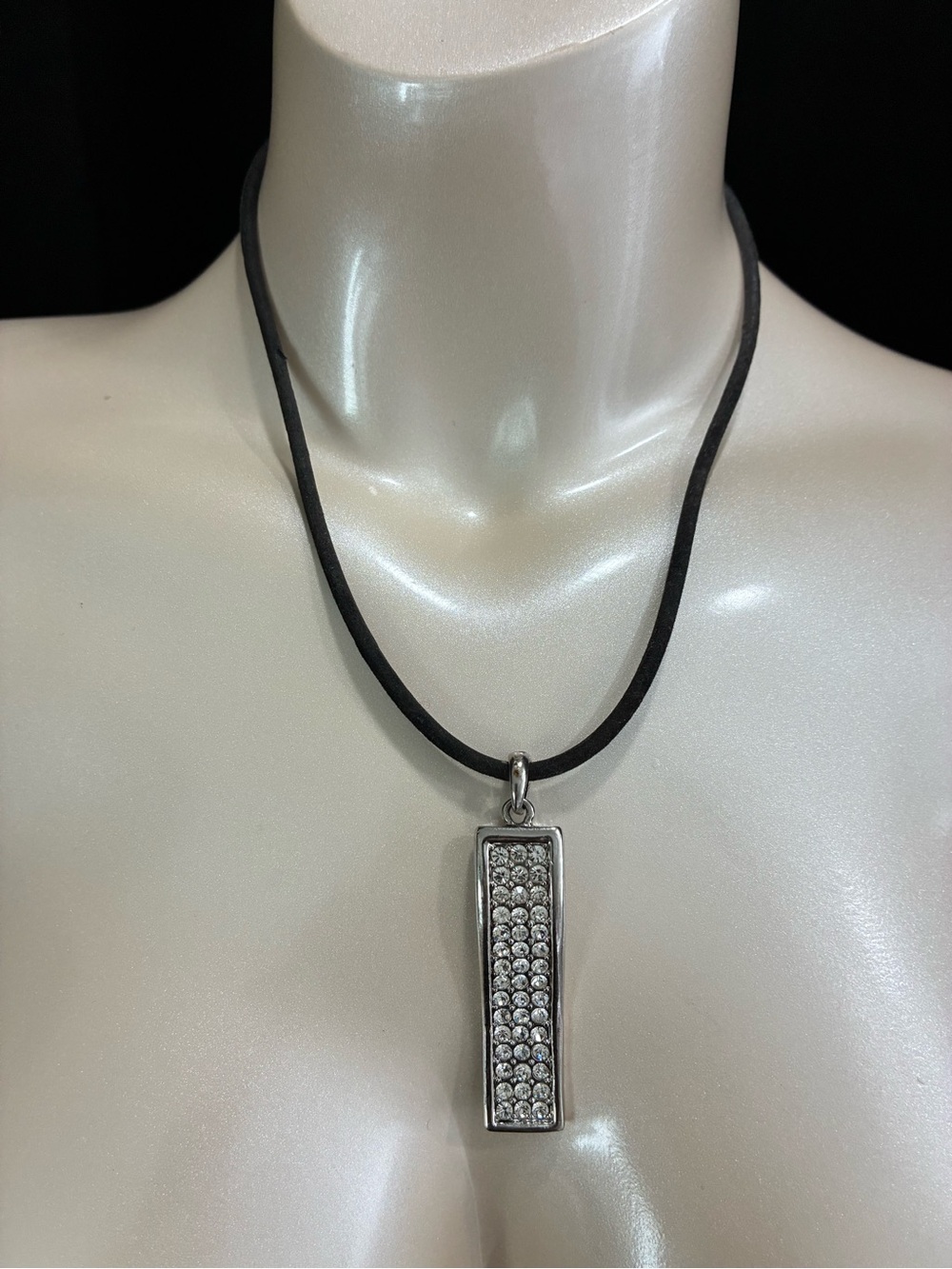 Crystal Bar Pendant Necklace in Black and Silver w/Leather Cord